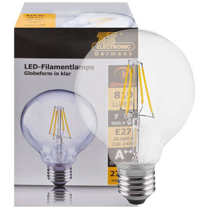 LED-Filament-Lampe,  Globe-Form, klar,  E27/7W, 810 lm, 2700K,  80
