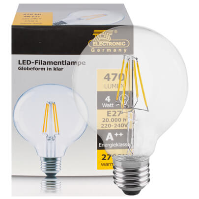 LED-Filament-Lampe,  Globe-Form, klar,  E27, 2700K