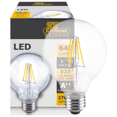 LED-Filament-Lampe,  Globe-Form, klar,  E27/5W, 640 lm