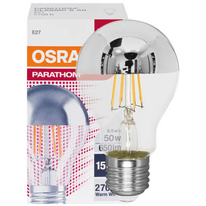 LED-Filament-Lampe, CLASSIC A MIRROR, AGL-Form, silber verspiegelt, E27/6,5W (50W), 650lm, 2700K