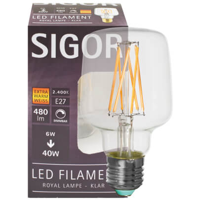 LED-Filament-Lampe, Royal-Form, klar, E27/6W, 480 lm, 2400K