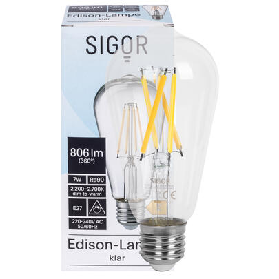 LED-Filament-Lampe, Edison-Form, klar, E27/7W (30W), 806 lm, 2200 bis 2700K