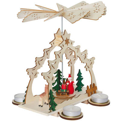 Weihnachtspyramide, Weihnachtsmann und Reh im Wald, für 4 Teelichter