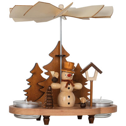 Weihnachtspyramide, Schneemann im Wald mit Vögeln, für 2 Teelichter