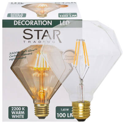 LED-Filament-Lampe, Diamant-Form, klar, E27/1,65W, 100 lm, 2200K, H 135, B 115
